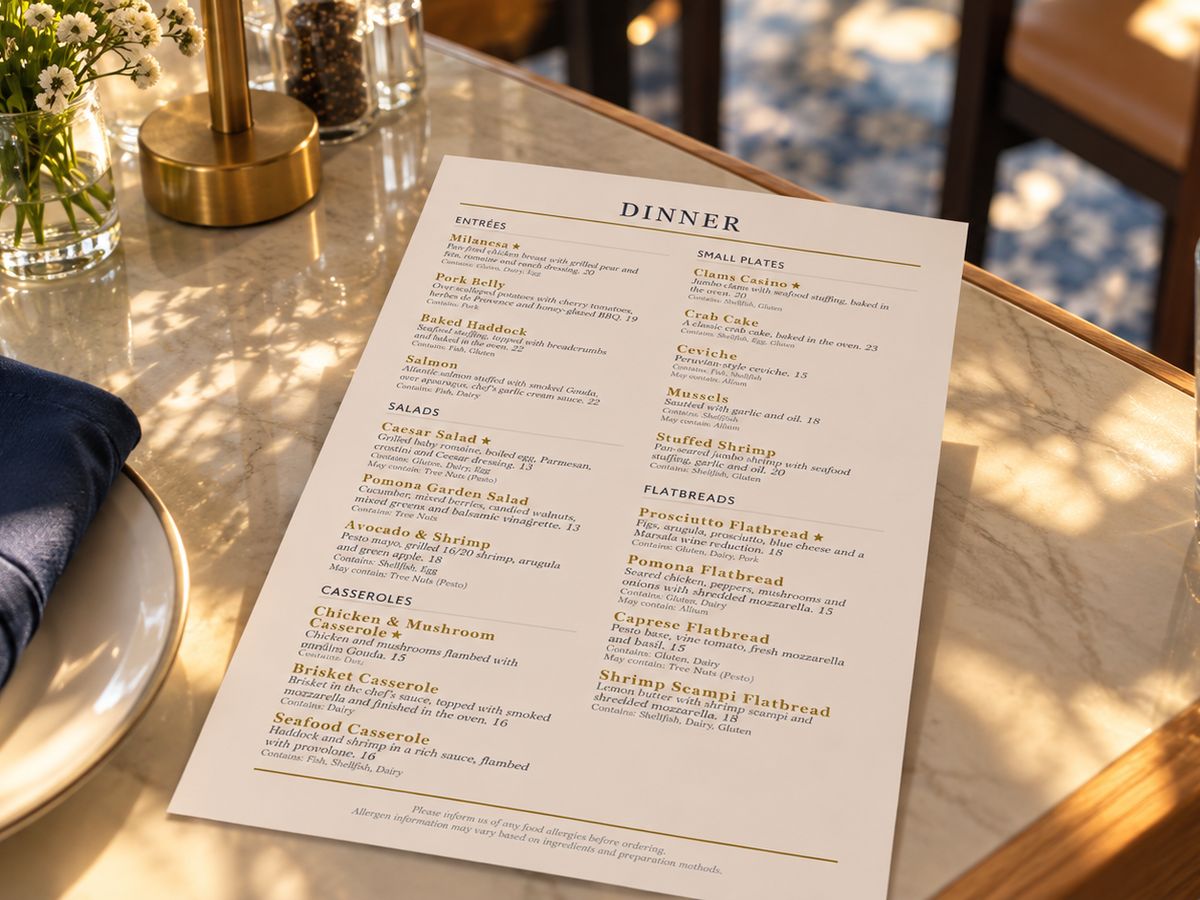 Pomona Eastie · Printed dinner menu